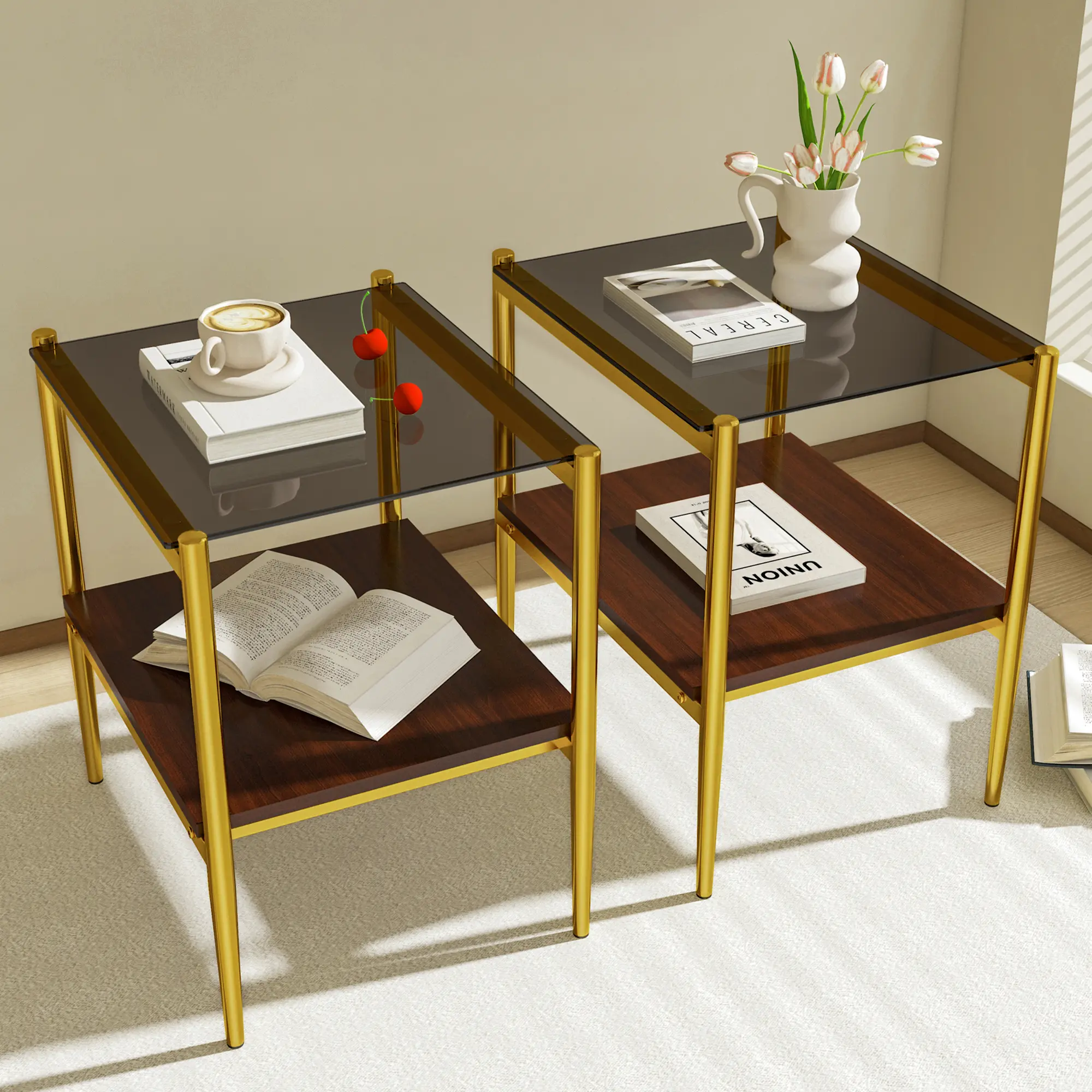 Set of 2 Rectangle End Table, Tempered Glass Tabletop with MDF layer, Modern Table for Living Room , Gray Glass (W241P184252)
