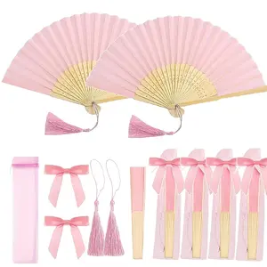 24pcs(6Pcs Set ) Set Wedding Fan Set with Transparent Tulle Bags - Pink Bow & Tassel Folding Fans Suitable for Wedding Favors, Gifts, Bridesmaid Photo Props, Handheld Wedding for Bridesmaids, Summer Party Decorations Supplies, Tulle Bag