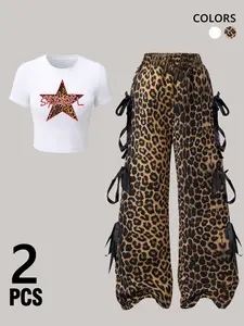 🐆 TikTok Viral Stargirl Leopard 2-Piece Set . Edgy "STARGIRL" leopard star crop top + wide-leg pants with black ribbon details. Bold Y2K/grunge Casual aesthetic, stretchy fabric,  Perfect for viral fits, festival looks, and TikTok OOTDs! Womenswear