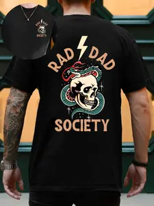 Men's Regular Fit Skull & Letter Print Round Neck Tee, Casual Short Sleeve Crew Neck T-Shirt for Summer, Fashion Men's Top for Daily Wear, Tropical