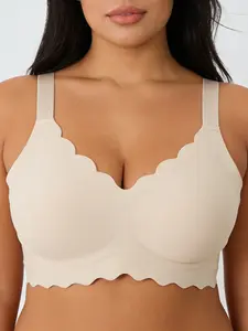 Women's Plus Size No Underwire Jelly Strip Soft Support Adjustable Fitted Bra, Padded Anti-Sagging, Round Bust Shape, Comfortable Skin-Friendly Underwear Straps