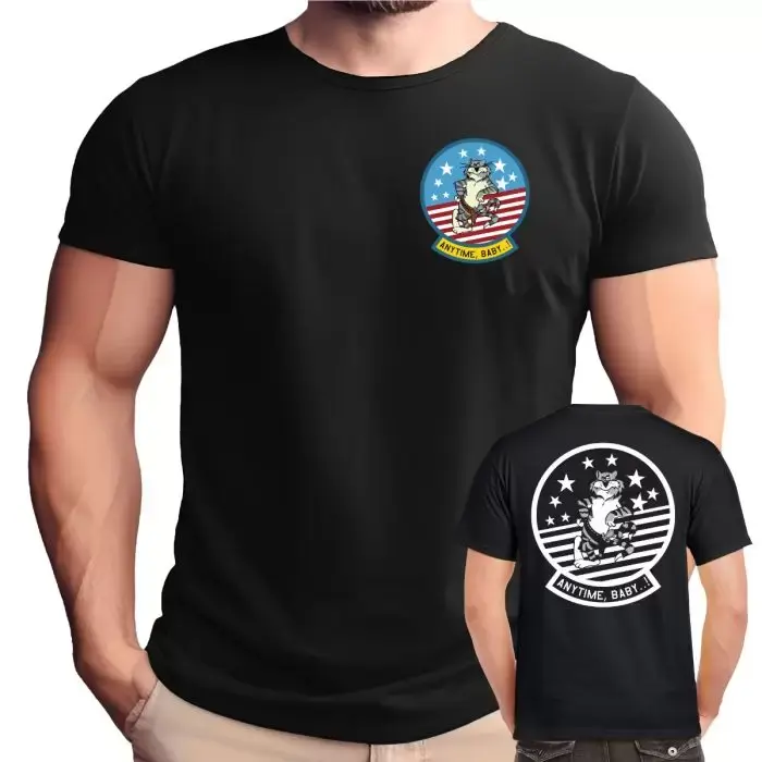 F-14 Tomcat “Anytime, Baby!” Double-Sided T-Shirt, US Navy Fighter Jet Squadron Patch Tee, Top Gun Inspired Naval Aviation Graphic with Back Print and Front Chest Badge, Unisex Pilot Veteran Gift Cotton Menswear