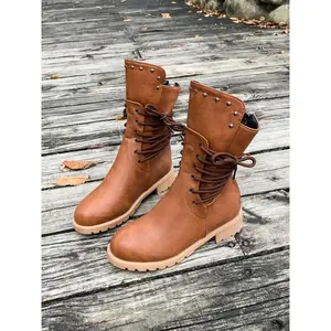 Women's Comfortable Lace-Up Boots, Large Size Winter Round Toe French Low Heel Boots, Stylish Women's Footwear