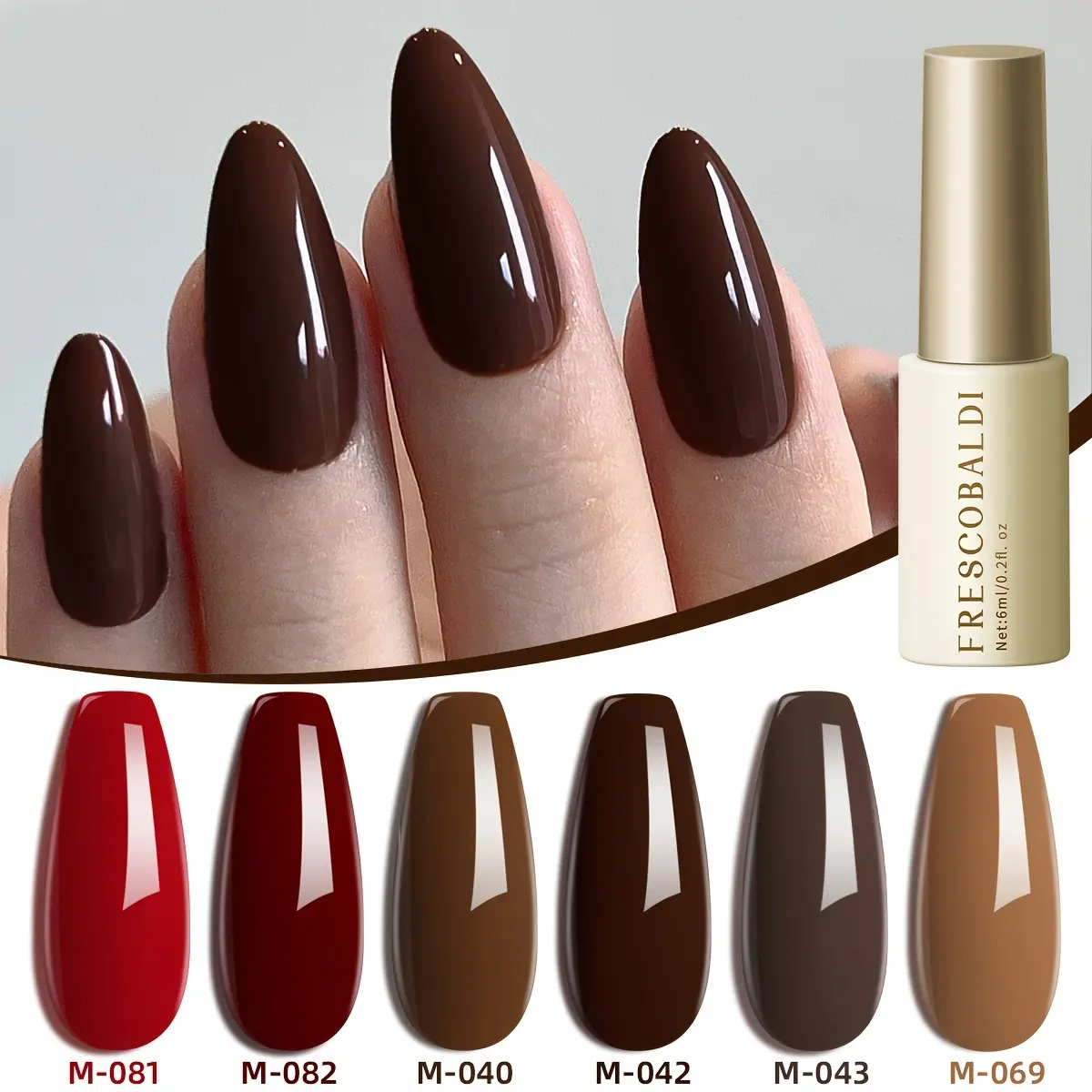 Cylindrical bottles, Red Series 6 Ultra; new trendy nail polish shades—brown gel set ; autumn/winter fashion LED glossy finish for nails; salon women’s nail art tools; fashionable solid-color nail gels; salon solid-color art.