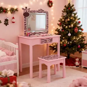 Kids Vanity Desk Set with Lighted Mirror and Stool, Cute Zebra-Shaped Pretend Play Makeup Desk with Large Drawer, 2 in 1 Dressing Table & Chair Set for Little Girls, Pink