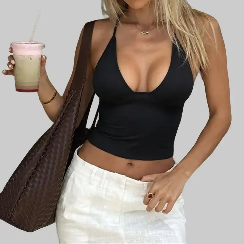 Back Tie Sleeveless Halter Cami with Underbust Seam for Autumn Date Night & Club Wear Casual Bodycon Elegant Solid Color Crop Tops