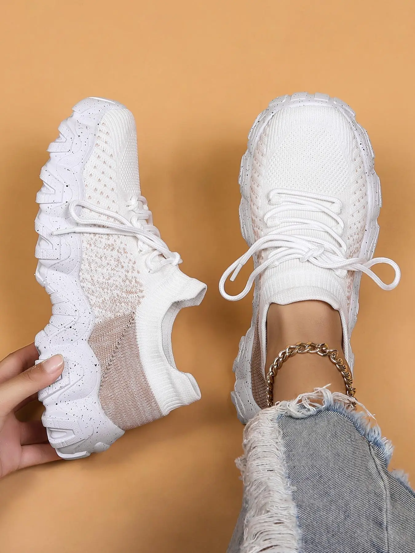 Women's Fashionable Plain Lace Up Low Top Knitted Sneakers, Casual Breathable Lightweight Sports Running Shoes for Women, All-match Commuter Casual Sh