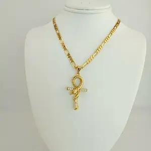Ankh Cross Necklace Snake Coiled Egyptian Symbol Cross Pendant 20 inch Figaro Chain Jewelry
