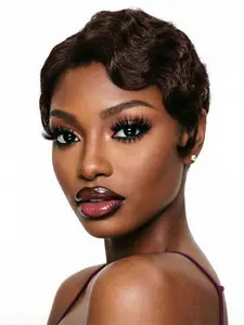 pixie cut short finger wave human hair wig machine made pixie wig daily party use human hair wig black brown burgundy 99j color for women stylish gift wig