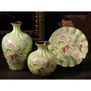 Cockatoo Meadow 3-Piece Ceramic Vase Set – Elegant Jade Green Ceramic Vases with Hand-Painted Cockatoo and Floral Design