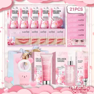 Valentine's Day Gift Box Sakura Moisturizing Set 21PCS Gentle Cleansing Deep Hydration with Cleansing Brush & Hair Tie Perfect for Girlfriend Wife Mother