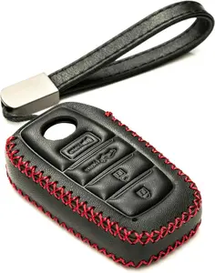 Genuine Leather Smart Key Fob Case Compatible with Toyota Tacoma, Toyota Tundra 2022-2026 (4-Button, Black/Red)