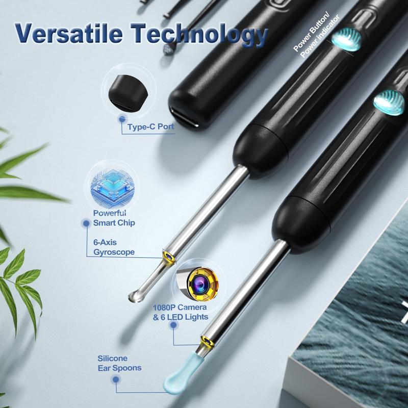 1080P Ear Wax Removal Kit with Camera & 6 LED Lights 8 Ear Picks Compatible with iPhone Android iPad Black Ear Care Solution