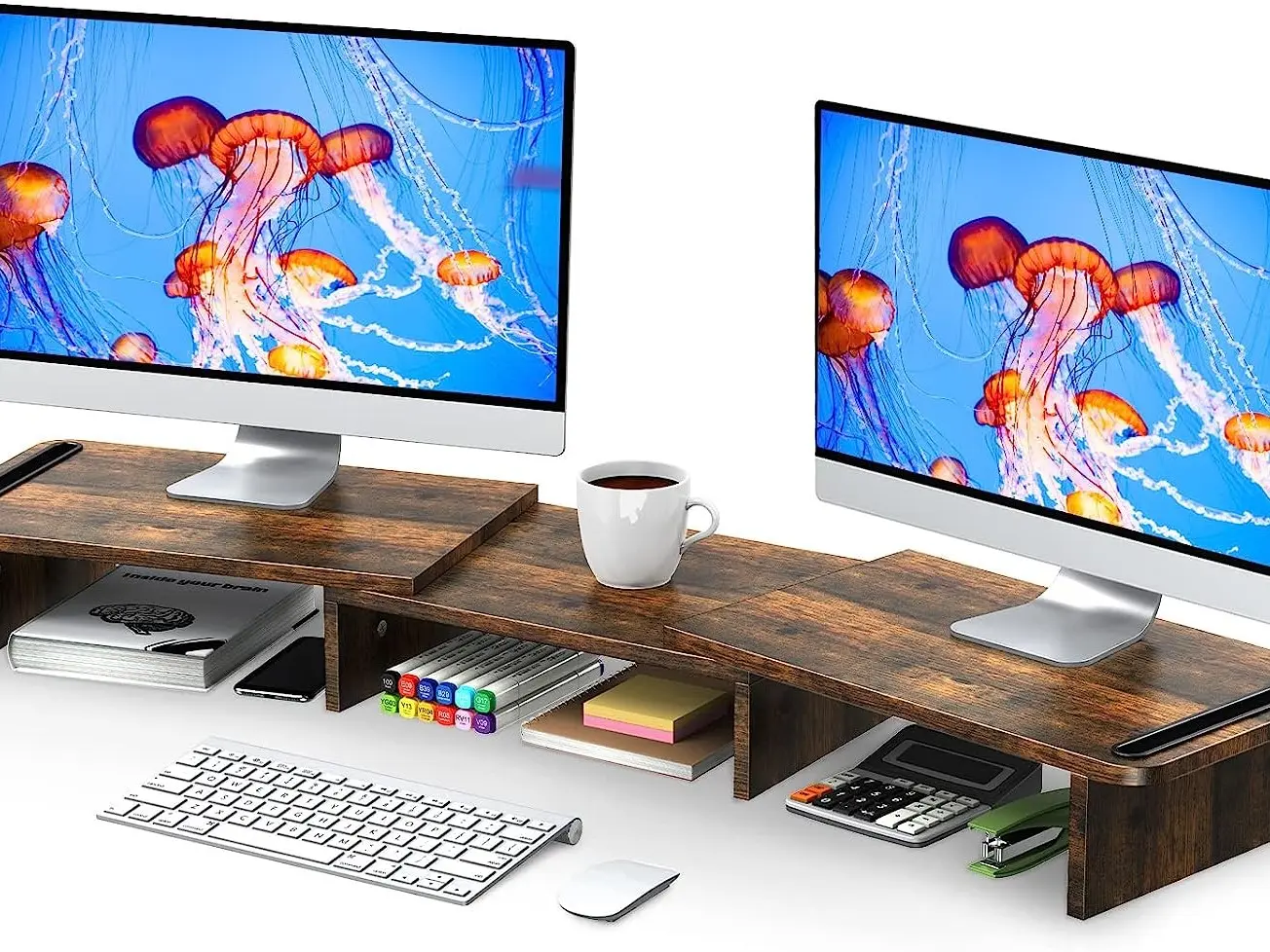 Dual Monitor Stand Riser with Adjustable Length and Angle, Wooden for Desk Riser 2 Monitors Storage