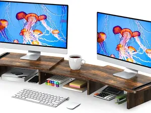 Dual Monitor Stand Riser with Adjustable Length and Angle, Wooden for Desk Riser 2 Monitors Storage