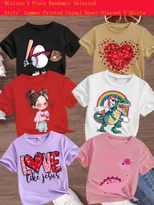 Girls Summer Trendy Fashion Heart Dinosaur Print Comfortable Versatile Short Sleeve T-Shirt, Graphic Tee, Random Style, Casual Clothing Gift, Graphic Printed Shirt