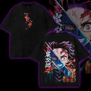 Demon Slayer Infinity Castle Vintage Washed Graphic Tee Tanjiro Kamado Akaza Upper Rank Three Anime Double Sided Print Unisex T Shirt Casual Streetwear Tops