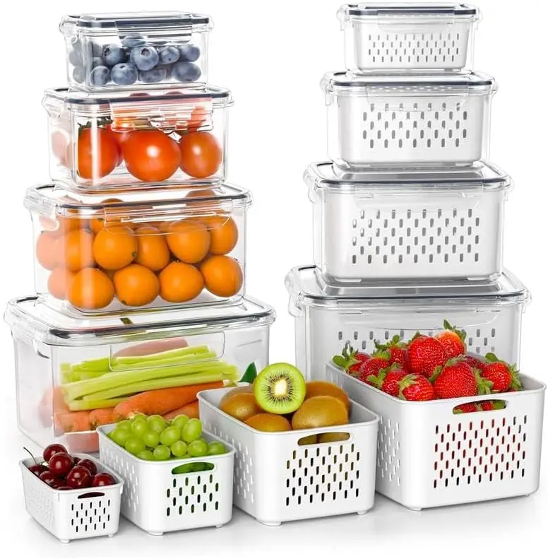4 Pack Fruit and Vegetable Storage Containers with Removable Drain Basket | Clear Refrigerator Organizer Boxes