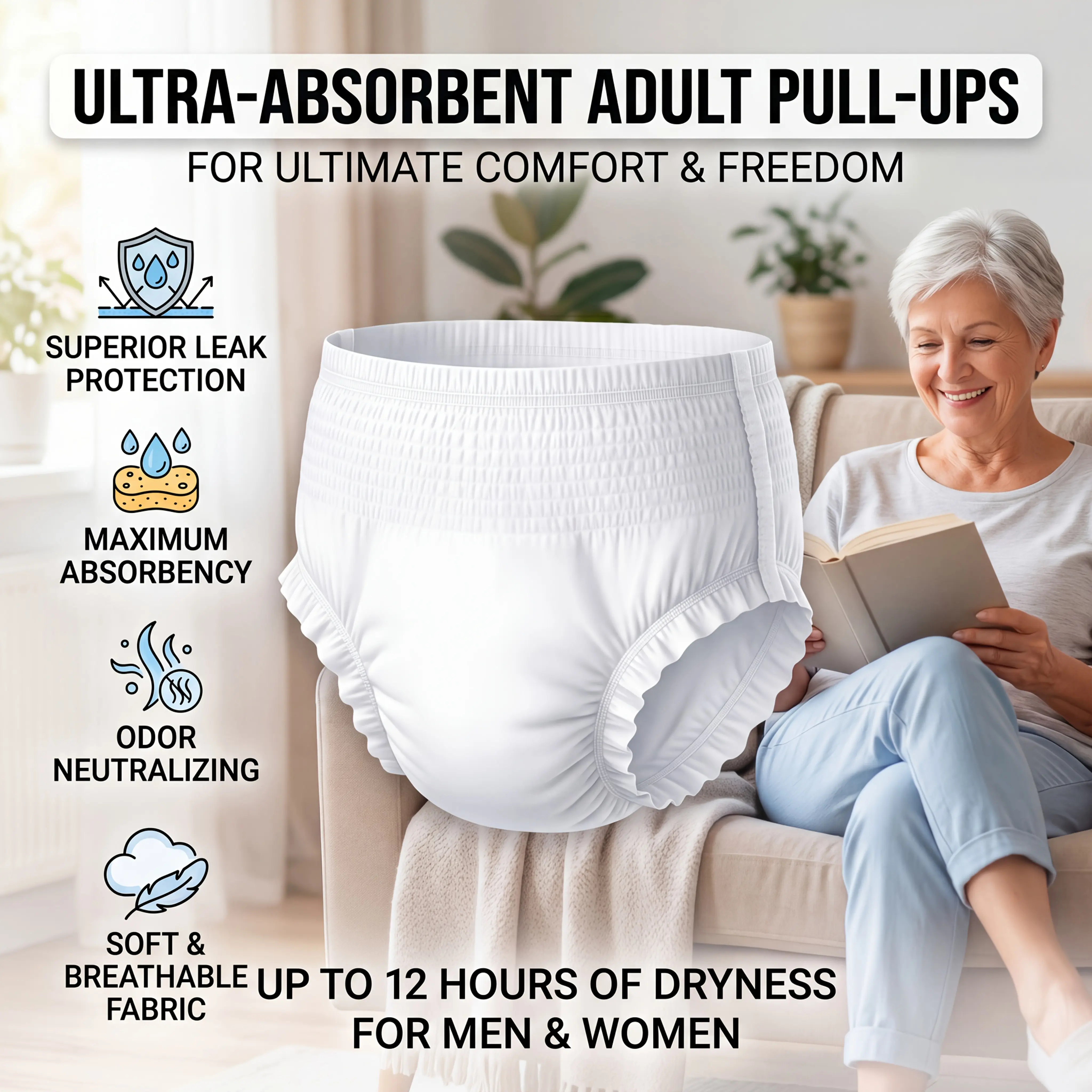 Disposable Adult Pull-On Pants. Leak-proof Confidence, Discreet Comfort. Freedom To Live Your Day, Stay Dry Around The Clock With A Seamless Fit. Features Overnight Moisture-lock Protection For Up To 8 Hours Of Sleep. Pull-on Style Adult Diapers.