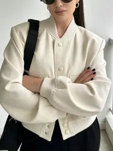 Elegant Cream High-Waisted Short Baseball Jacket, Ribbed Stand Collar, Large Patch Pocket, Drop Shoulder, Commuter Casual Top, Lady