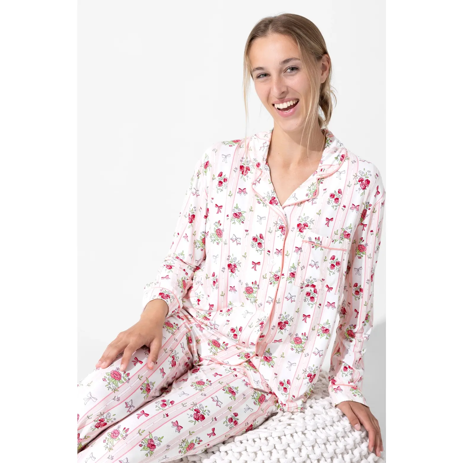 Bellabu Bear Floral Stripes Bamboo Women's Pajama Set