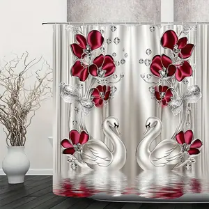 Elegant Swan & Floral Print Shower Curtain Set, Silver Color Luxury Waterproof Bathroom Decor, Includes Toilet Lid Cover & Hooks