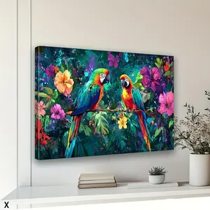 2D Flat, Framed, Large Tropical Parrot Wall Art, Suitable for Living Room, Colorful Bird Canvas Extra Large Wall Decoration, Floral Parrot Frame Painting, Bedroom Office Printed Artwork