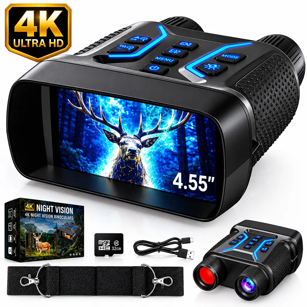 4K High Definition Infrared Night Vision Binoculars with 4.55" Display, 8X Digital Zoom, 7 IR Levels, 32GB Card - Camping Accessories, Hunt Gear for Wildlife Observation