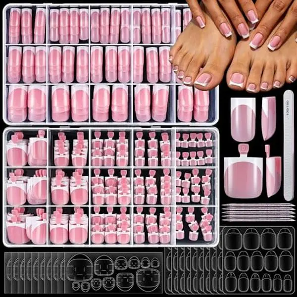 YGDZ 300PCS Press On Toenails & French Tip Press on Nails Kit, Short Press on Nails Square Fake Nails Toe, White French Tip Nail Tips Stick on Toenails for Women, 15 Sizes
