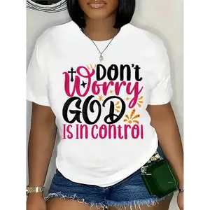 Encouraging Faith - Themed Typography Print T - Shirt. "Don't Worry GOD Is In Control" In A Playful Mix Of Black, Pink, And Orange Colors With Decorative Elements.