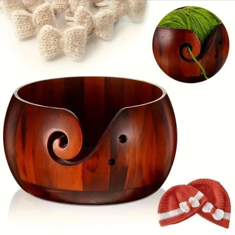 1 set of handmade wooden yarn bowl, double-hole bracket knitting tool, spacious craft storage box, crochet supplies storage box, solid wooden structure, preferred for Mother's Day gifts.