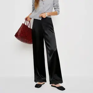 Elegant Women Y2K Satin Silk Wide Leg Long Pants Casual Elastic High Waist Solid Loose Loungewear Lace Patchwork