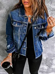Plus Size Women's Casual Versatile Ripped Street Style Denim Jacket, Trendy Hole Design, Perfect for Everyday Wear