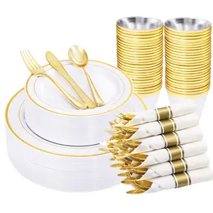 Elegant Gold Lace Disposable Dinnerware Set - Premium Plastic Plates, Gold Flatware (Forks, Spoons, Knives) & Tumblers - Perfect for Weddings, Parties & Events