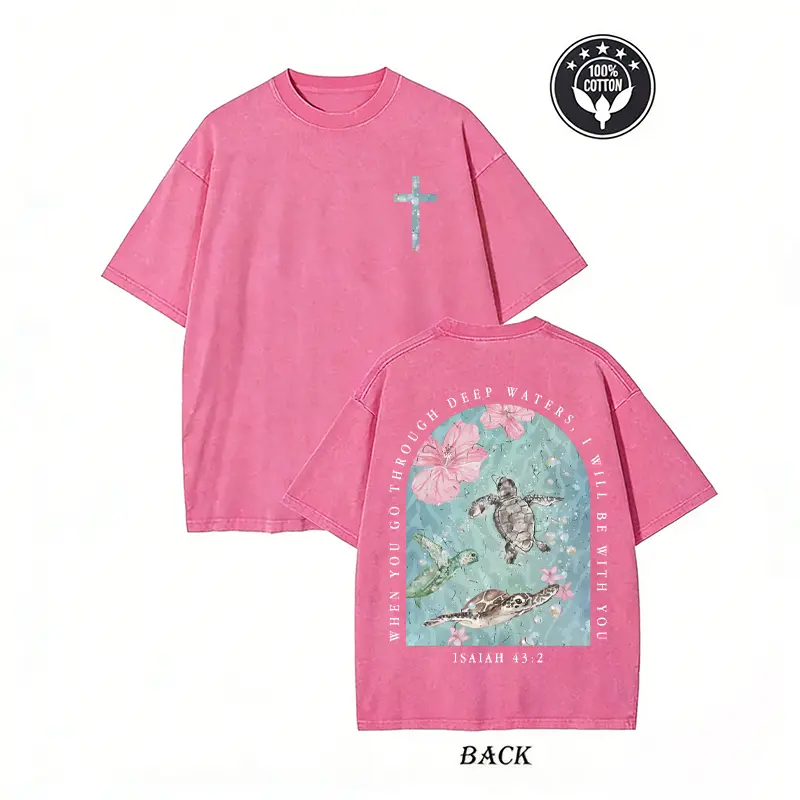 Women's Isaiah 43:2 Short-Sleeve Vintage Acid Wash Tee - Breathable Lightweight Fabric, Retro Christian Sea Turtle Bible Verse Streetwear, Oversized Ocean Faith Top, Shortsleeve, Unisex, Tshirt, Round Neck