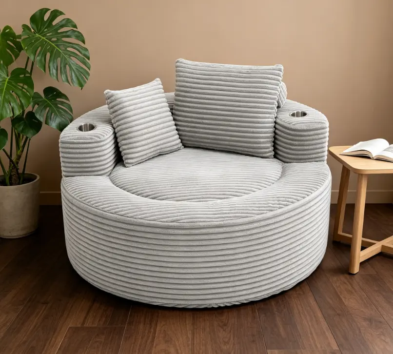 Circular Cloud Couch Round Sofa Bed - Modern Modular Sturdy Sectional with Memory Foam, Breathable Fabric, 3 Pillows - Office & Small Living Room Lounge Sleeper Chair with Neck Pillow