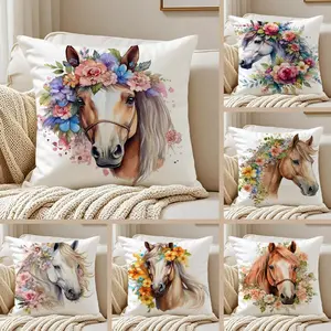 Watercolor Horse & Floral Design Cushion Cover Ultra-Soft Short Plush Pillowcase | Double-Sided Printed Cushion Cover | Washable Hidden Zipper | Skin-Friendly & Breathable | Suitable for all seasons | Home Decor Gift