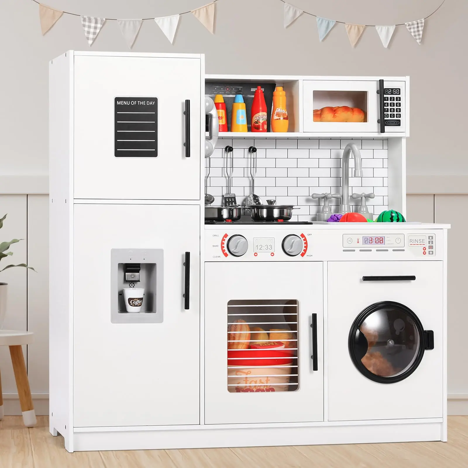 Arlopu Gift Wooden Chef Pretend Toy  Play Kitchen w/Washing Machine, Water Dispenser, Stove, Real Sound & Light, Telephone, Range Hood, Oven, Sink, summerwins
