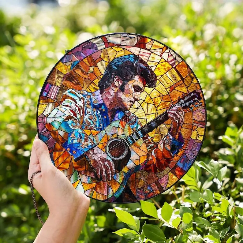 Elvis Presley Stained Glass Suncatcher - Round, Colorful, Hangable Metal Rock and Roll Window Decor, The King Tribute Gift for Music Lovers, Vintage Iconic Art Ornament