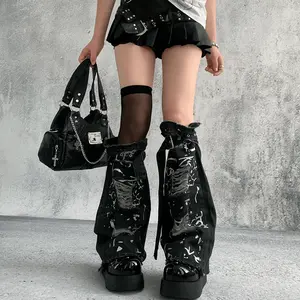 Retro Sweet and Edgy Chic Ripped Denim Leg Warmers for Girls, Y2K Style Slimming Mid-Calf Slouchy Socks Covers, Subculture Versatile Matching Piece