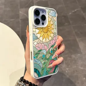 Magnetic Compatible Case for iPhone 16 E Pro Max 15 Plus 14 13 12 11 XS XR, Pastel Stained Glass Sun Wave Print | Silicone, Lightweight, Aesthetic, Scratch Resistant, and Cute Protection
