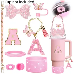 9-Piece Water Bottle Decoration Set, Bow Letter Charms & Pendant Cup Chain, Gift Set for Friends, 26 Letter Styles Available, Drinkware