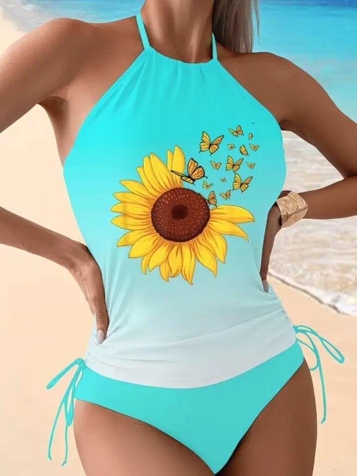 Women's 2-Piece Sunflower Butterfly Floral Tankini Set - Adjustable Drawstring Halter Neck & Waist, Resort Wear, Abdominal Control, Breathable Elastane, Quick-Drying Summer Sports Swimwear, 2 Pc Women's Tankinis Set, Beautiful Patterns Women's Tankinis Se