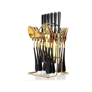 24-Piece Cutlery Set, Stainless Steel Cutlery Set With Silverware Rack, Spoon, Fork, Knife, Cutlery Set For 6, Gold Mirror Finish And Matte Pink Paint