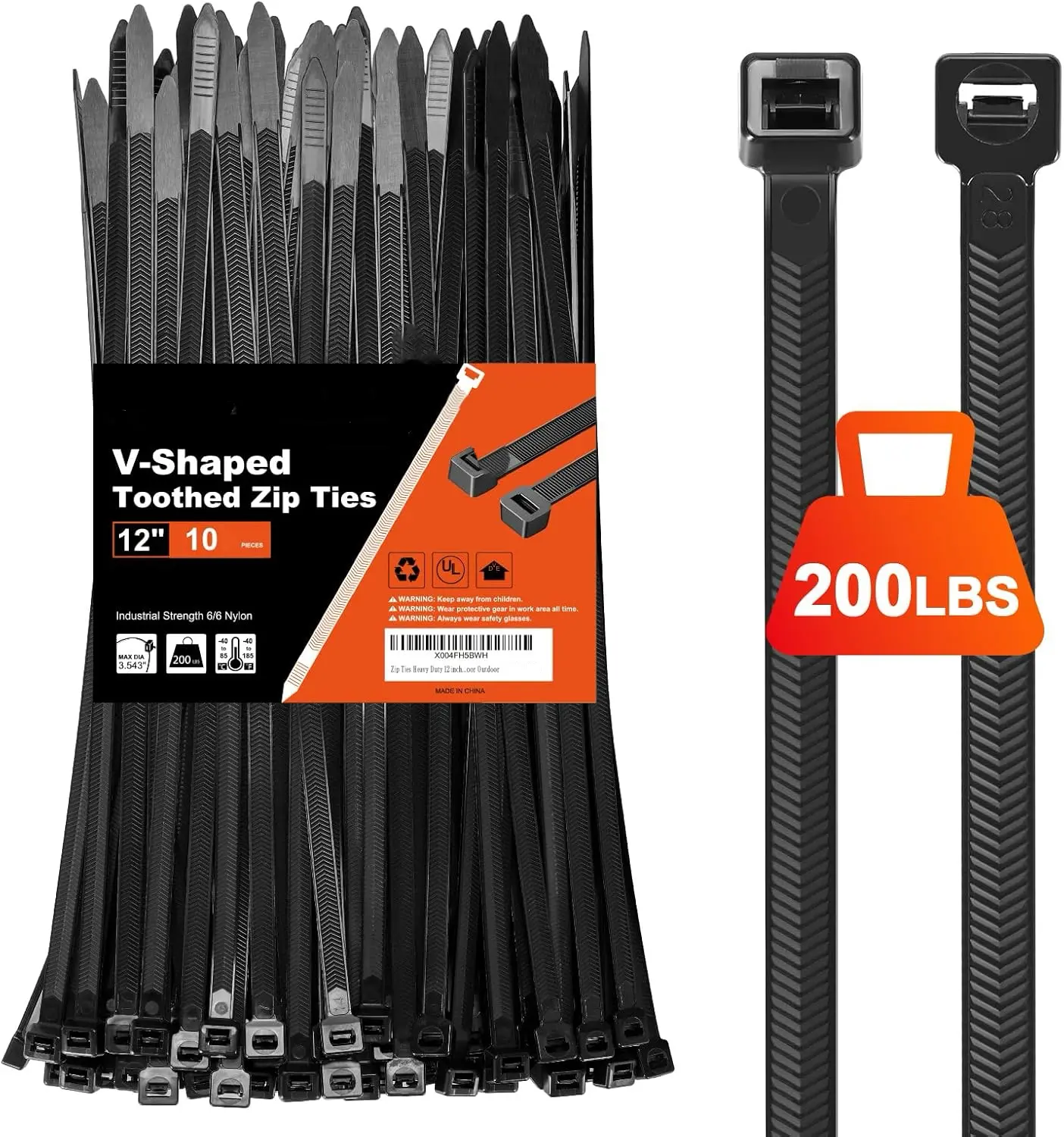 12-Inch Heavy Duty Nylon 66 Zip Ties, 80-Pack Black Industrial Strength V-Shaped Teeth Double-Side 0.076-Inch 200-Lb Pull Capacity Fire-Freeze-Safe Indoor-Outdoor Cord Organization Wire Ties for Workshop, Garage Projects