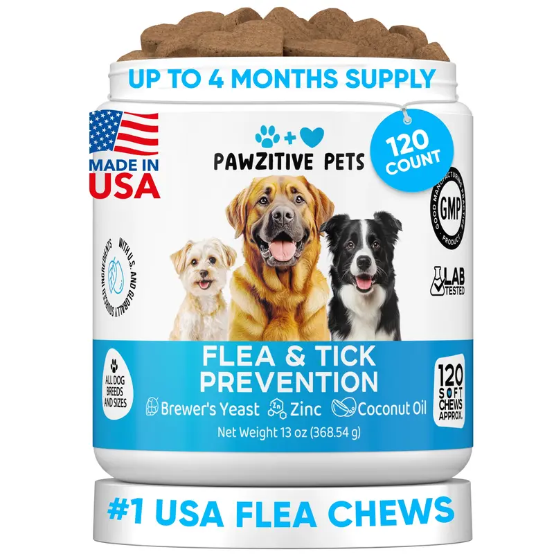 Dog Flea and Tick Prevention for Outdoor & Seasonal Protection – Skin & Coat Support, 120 Soft Chews (Beef Flavor)