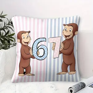 Curious Monkey Number 67 Pattern Throw Pillow with refreshing pink and blue stripes. 45cm square cushion includes a pillow insert,soft and comfortable. It's an ideal addition to sofas and bedrooms, allowing children to experience the charm of numbers!