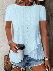 Plus Size Fashion Asymmetrical Ruffle Hem Short Sleeve Top, Stylish Casual Summer Wear, Women's Comfortable Fit T-Shirt