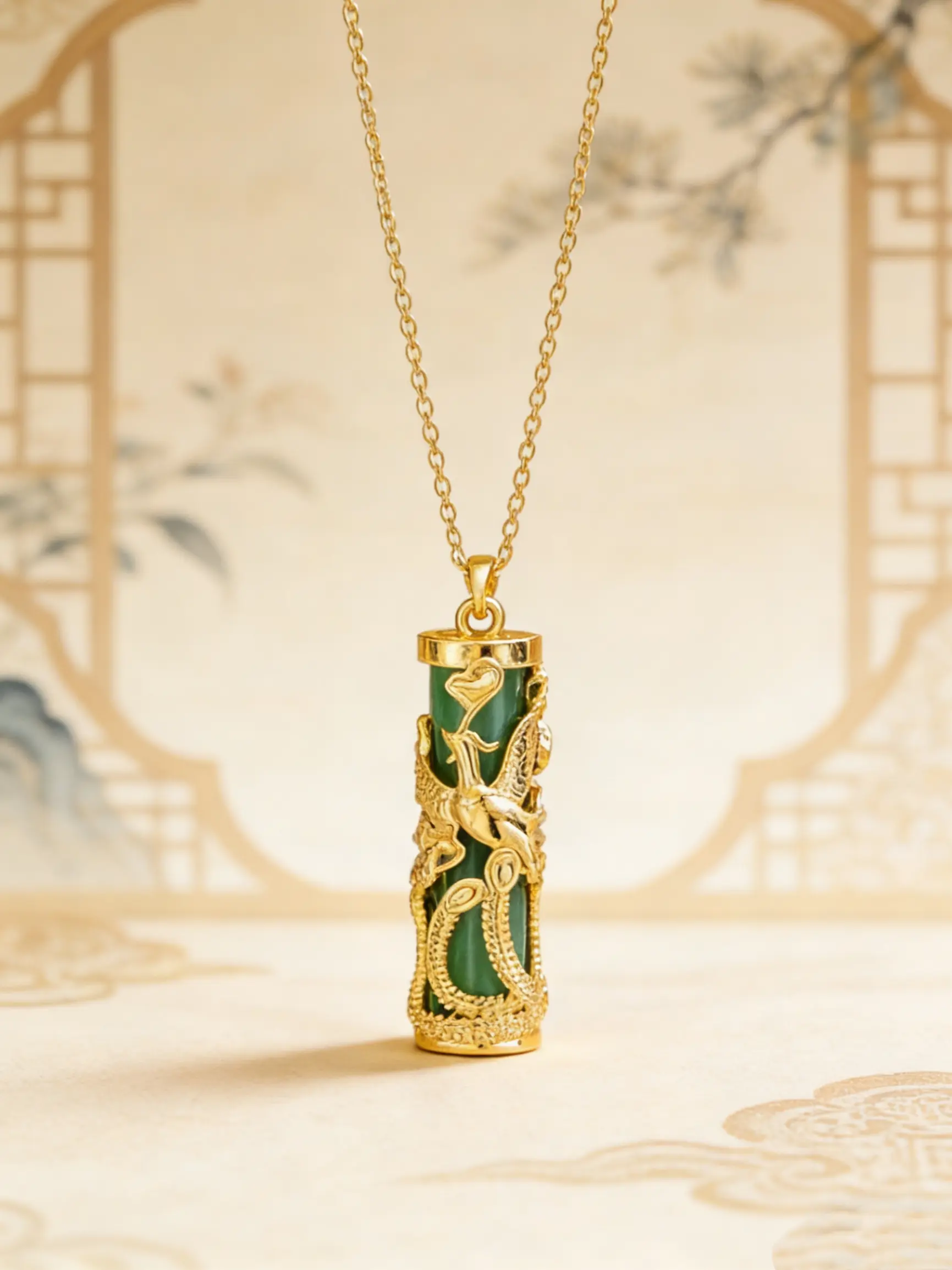 Vintage Phoenix Pendant Necklace, Simulated Jade Cylinder Chain, Daily Wear, Retro Style, 1 Piece Set, Lockbone Jewelry, Lockbone Fit, Phoenix Design, Necklets