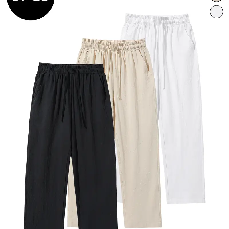 3-Pack Men’s Summer Linen/Cotton Straight-Leg Pants — Casual, Loose Fit, Versatile, Trendy Long Pants for Men